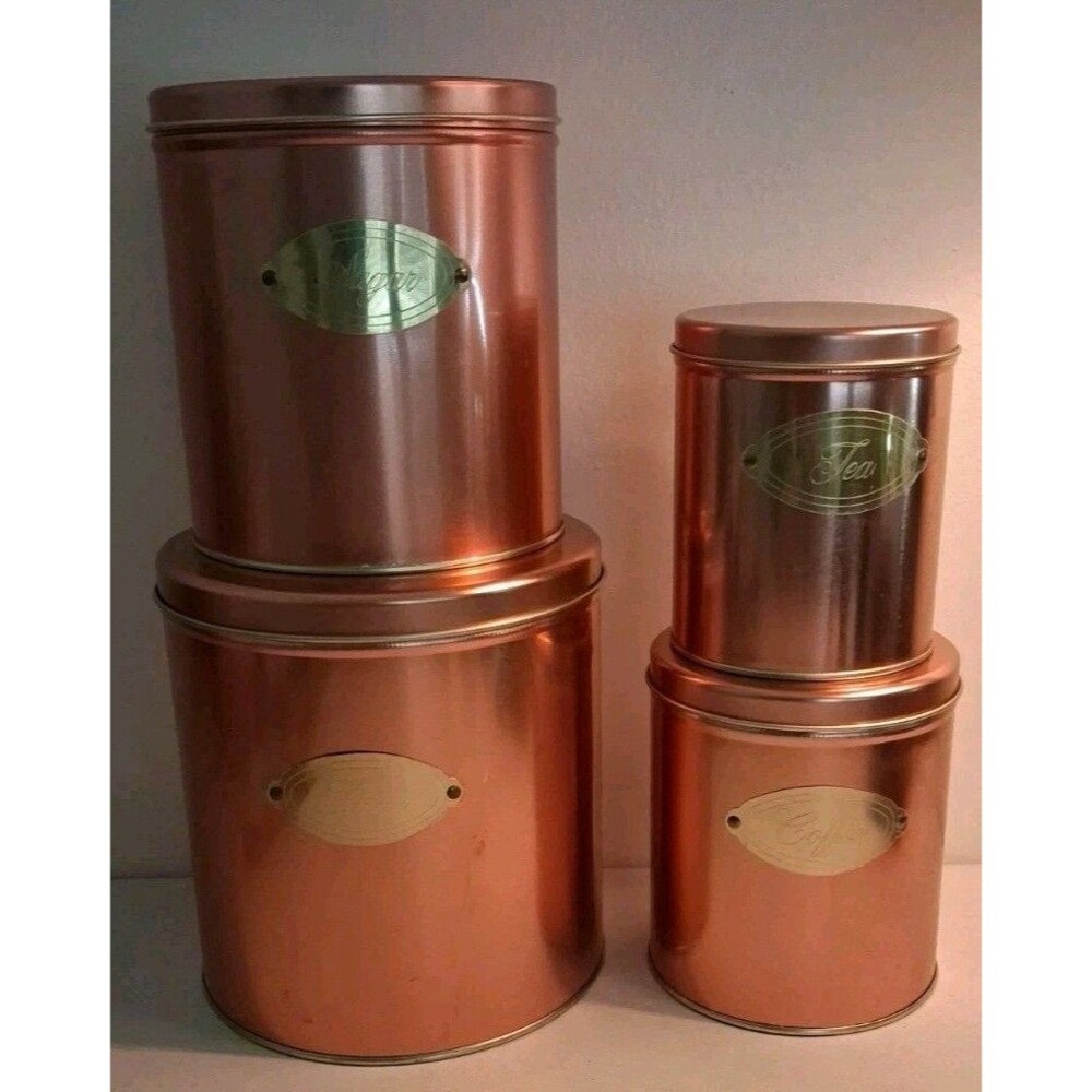 Vintage Copper Colored Nesting Canisters Set Of 4 Flour Sugar Coffee Tea